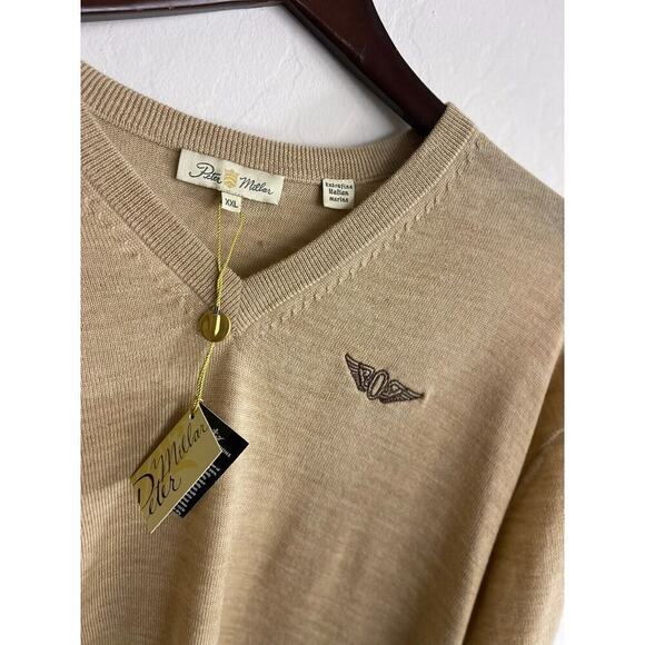 Peter Millar XXL Sweater V Neck Wool Pullover Logo Knit Beige Mens NEW NWT - Picture 2 of 9